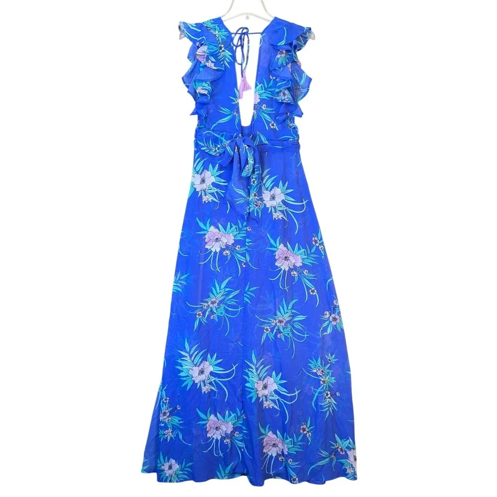 America & Beyond Blue Floral Ruffle V-Neck Maxi Beach Cover-Up Dress Small NWT